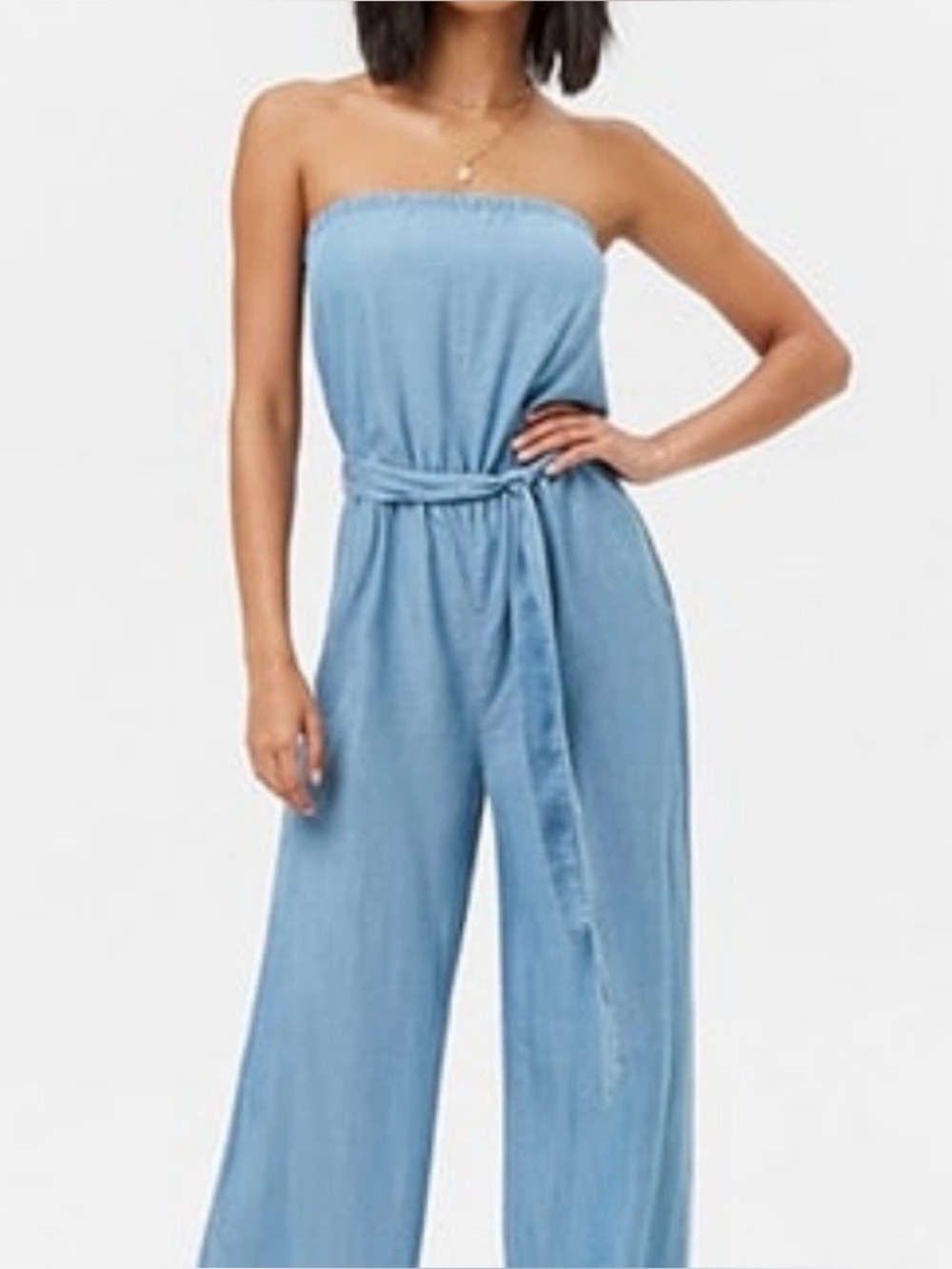 Strapless Blue Wide-Leg Jumpsuit with Waist Tie